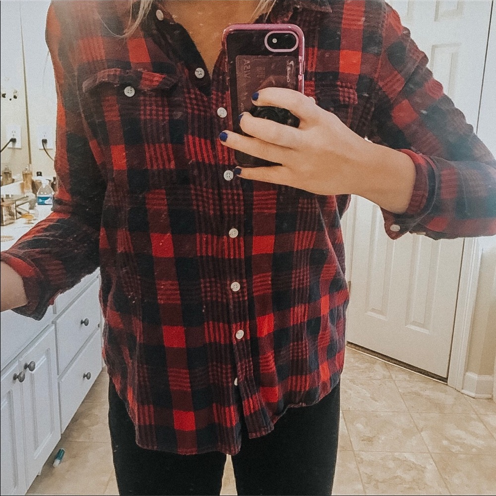 Red and navy flannel button top